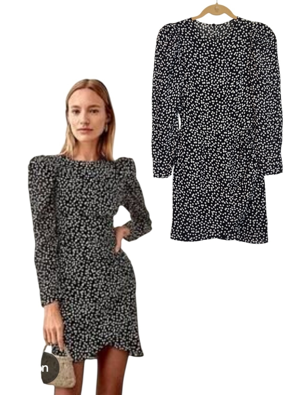 Reformation Juni Mini Dress Size 0 Dizzy Dot Black White Long Puff Sleeve Tulip